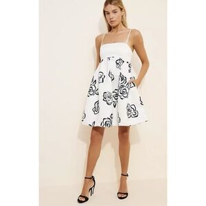 Maeve Anthropologie Square Neck Babydoll Mini Dress White Black Rose Print XS